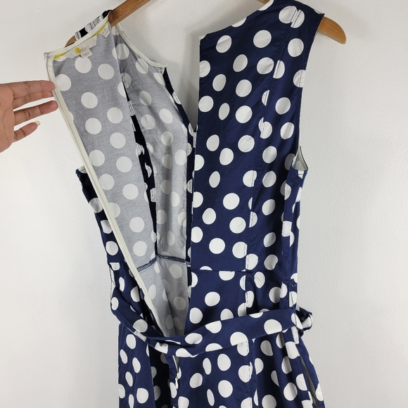 Boden Poplin Polka Dot Sleeveless Split Neck Belted Fit and Flare Midi Dress - Picture 10 of 14